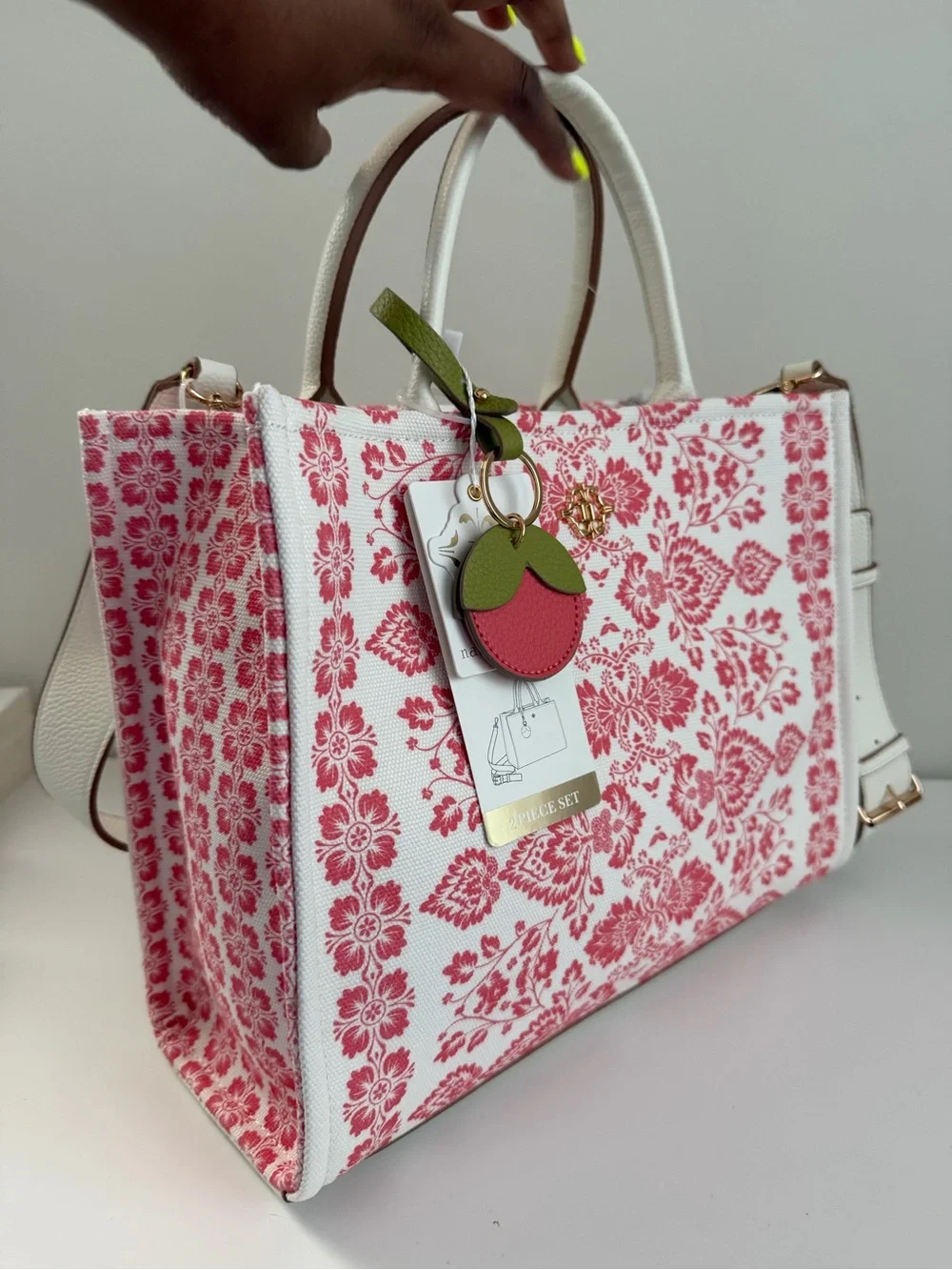 Floral Jacquard Tote Bag with Cherry Charm - White & Pink